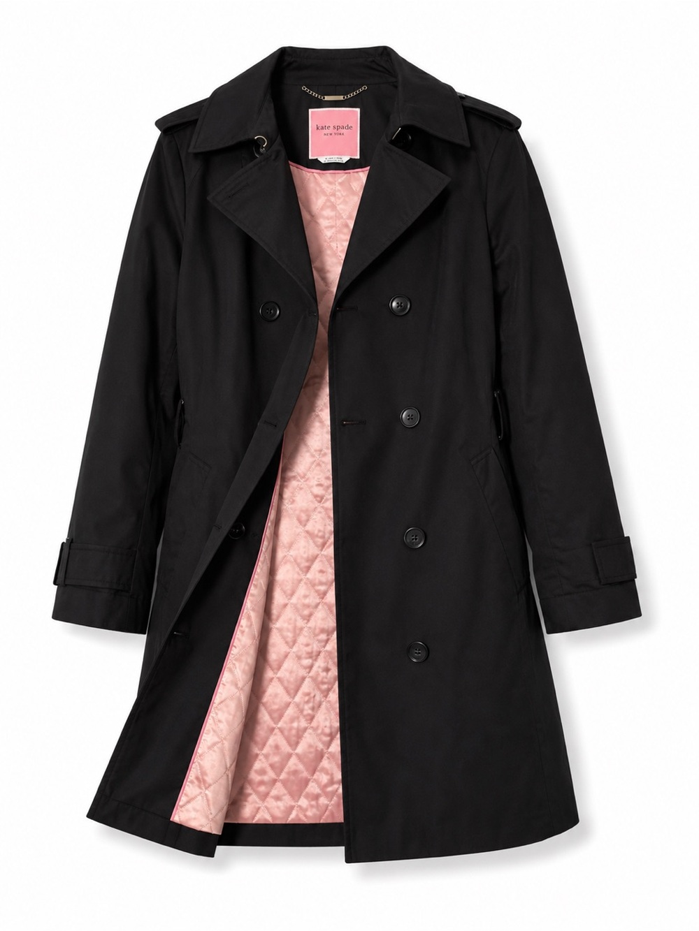Kate Spade Black Trench Coat Pink Quilted Lining Double Breasted Jacket M